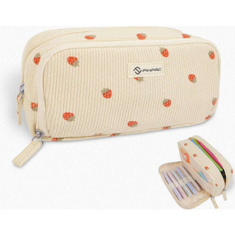 FINPAC Corduroy Triangle Pencil Case - Cute Kawaii Makeup & Pen Organizer Bag with Heart Cutouts