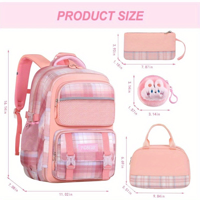 6pcs Kawaii Backpack Set, Pink Plaid Laptop Bag - Lightweight Daypack with Large Capacity