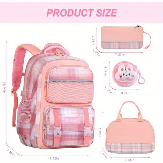 6pcs Kawaii Backpack Set, Pink Plaid Laptop Bag - Lightweight Daypack with Large Capacity