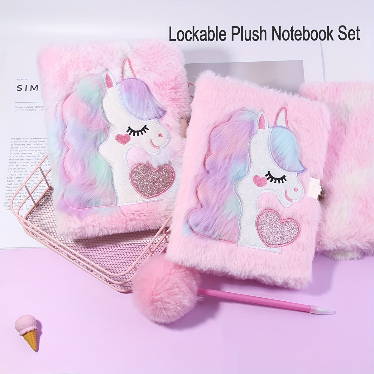 Lockable and Key Cute Cartoon Plush Notebook with Ball Pen Set, 80 Sheets\u002F160 Pages