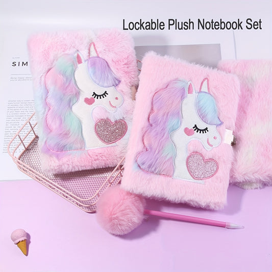 Lockable and Key Cute Cartoon Plush Notebook with Ball Pen Set, 80 Sheets\u002F160 Pages