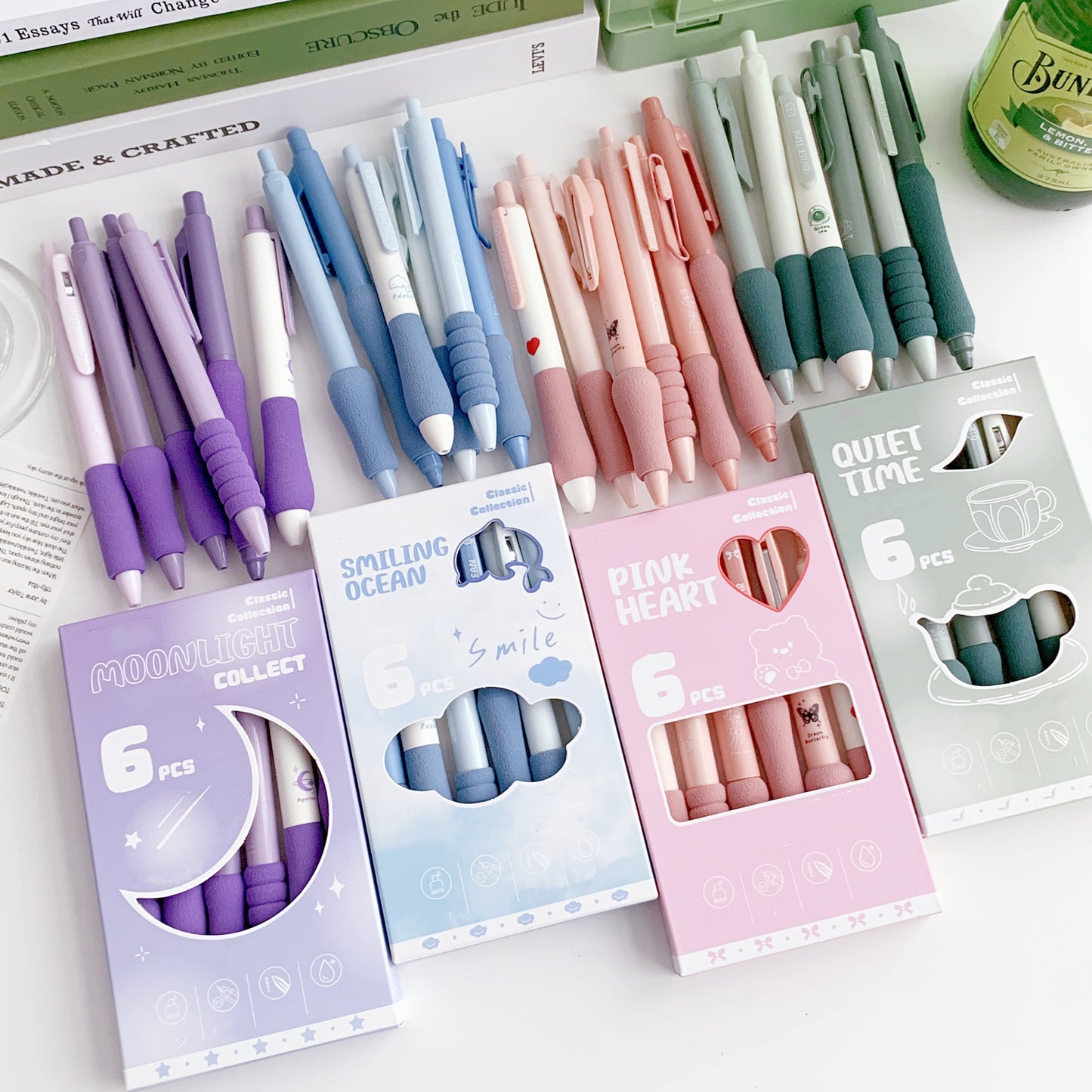 6-Pack Dopamine Soft Grip Relax New Year Gift Click Pen for Students, 0.5mm Black Ballpoint Pens