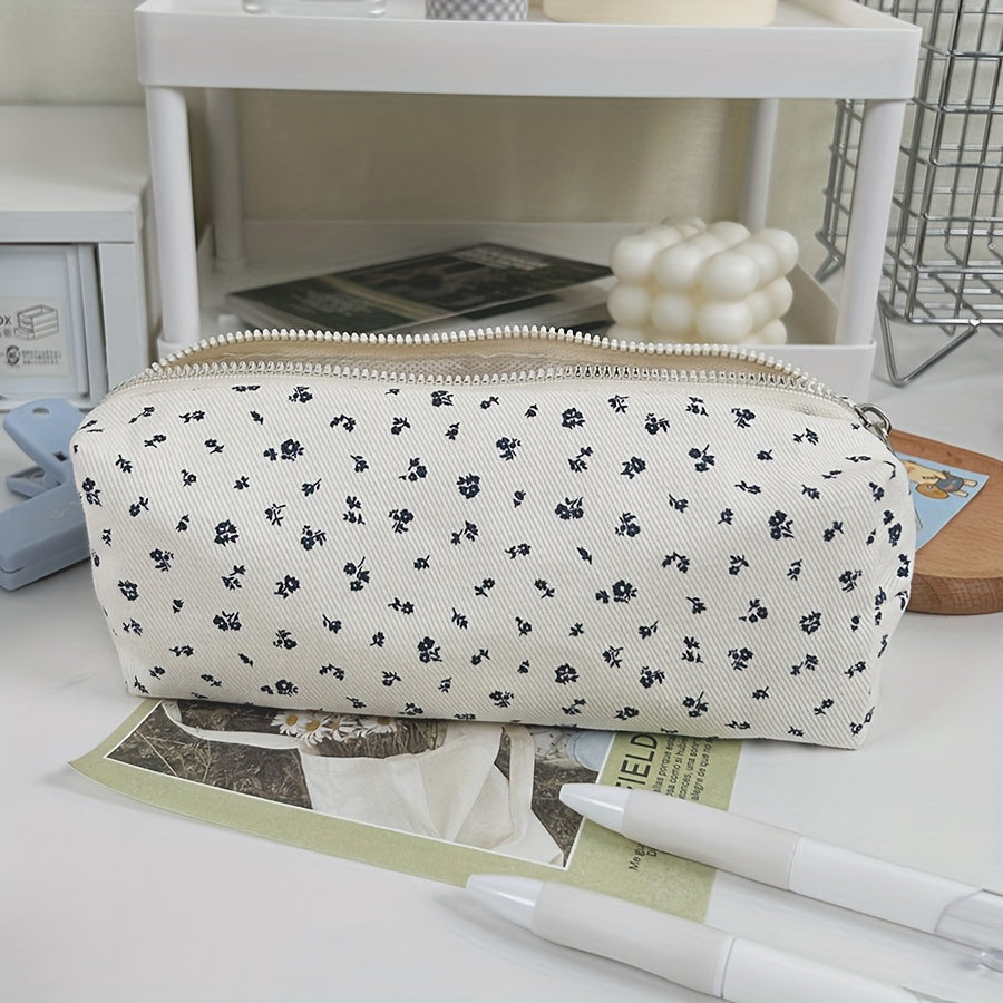 Chic Floral Pencil Case - Durable Polyester, Multi-Use Zippered Pouch for Office Supplies & Makeup Storage