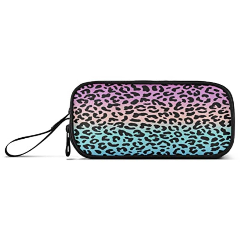 Blue Leopard Print Pen & Pencil Case - Turquoise Pink Black White Stripe-like