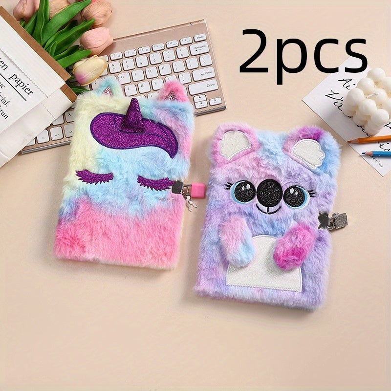 2pcs Cute colorful tie-dye unicorn notebook set, plush material diary