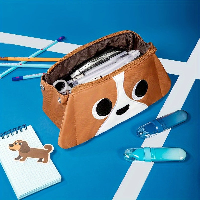 Hongdian Extra Large Capacity Pencil Case with Tan 3D Dog Face - Holds 70 Pens