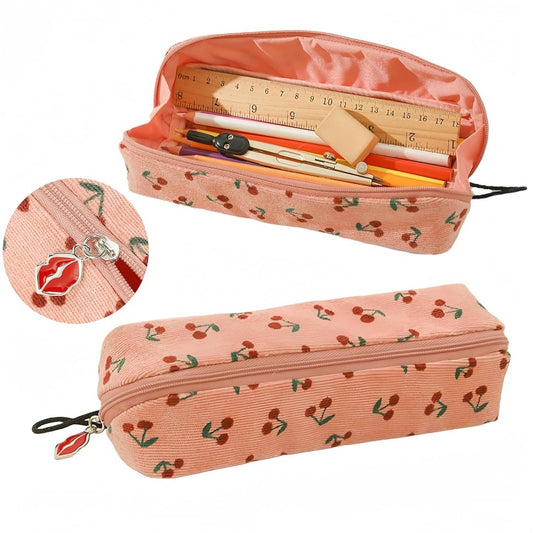 Pencil Pouch Cute Fruits Pink Premium Canvas Soft Cloth Fabric Waterproof Cosmetic Bag Pencil Pen Pouch CHERRY