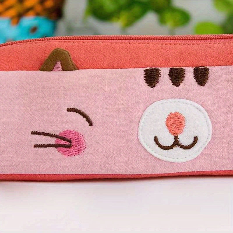 Pinky Kitten Embroidered Applique Pencil & Cosmetic Bag - Cute Cartoon Cat Design