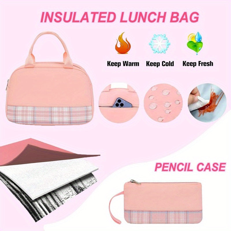 6pcs Kawaii Backpack Set, Pink Plaid Laptop Bag - Lightweight Daypack with Large Capacity