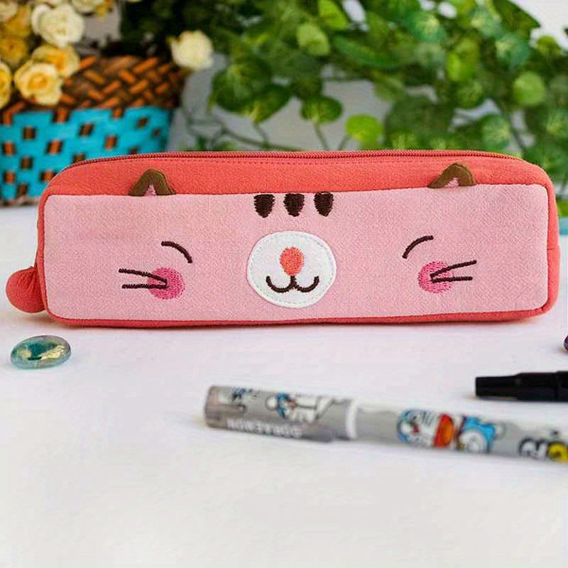 Pinky Kitten Embroidered Applique Pencil & Cosmetic Bag - Cute Cartoon Cat Design
