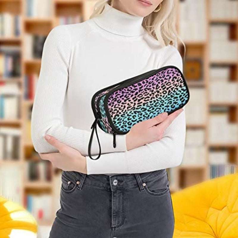 Blue Leopard Print Pen & Pencil Case - Turquoise Pink Black White Stripe-like