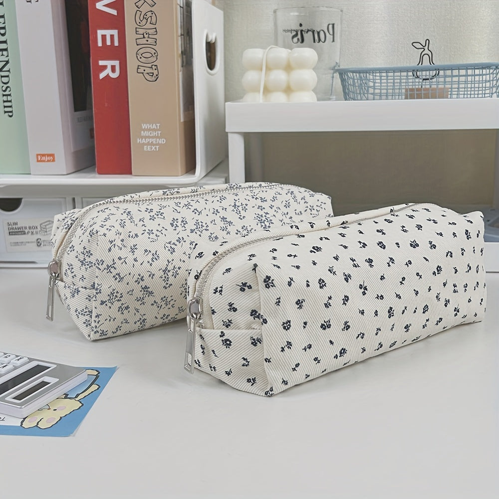 Chic Floral Pencil Case - Durable Polyester, Multi-Use Zippered Pouch for Office Supplies & Makeup Storage