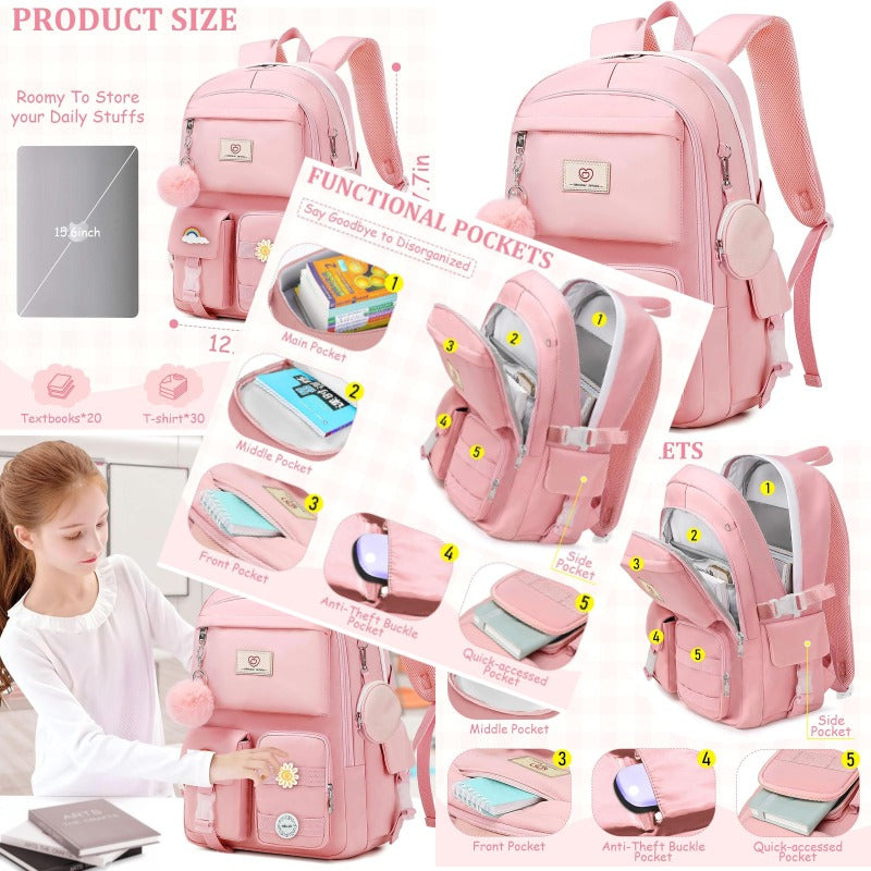 Cute Pink Glass Backpack for Girls - Large Capacity Multifunctional School Bag with Multiple Compartments