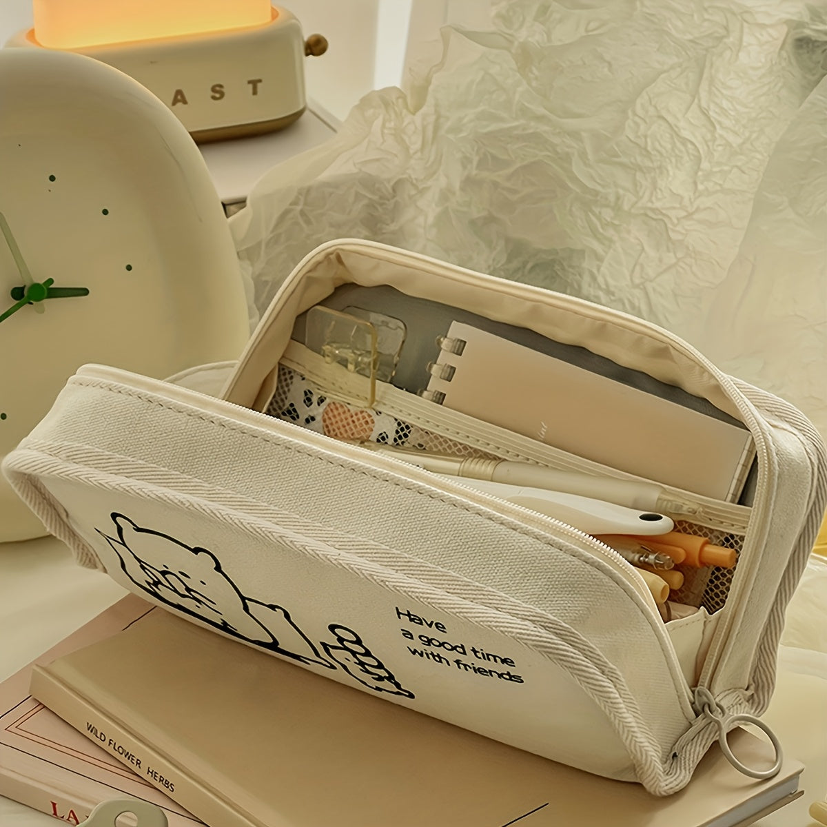 Stylish Large Capacity Canvas Pencil Case - Zippered Multi-Layer Pencil Box