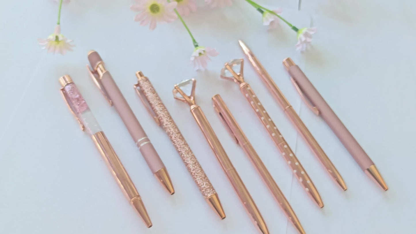 8pcs, 8pcs Rose Golden Metal Pen Set - Fashionable Metal Pens with Crystal Color Decoration