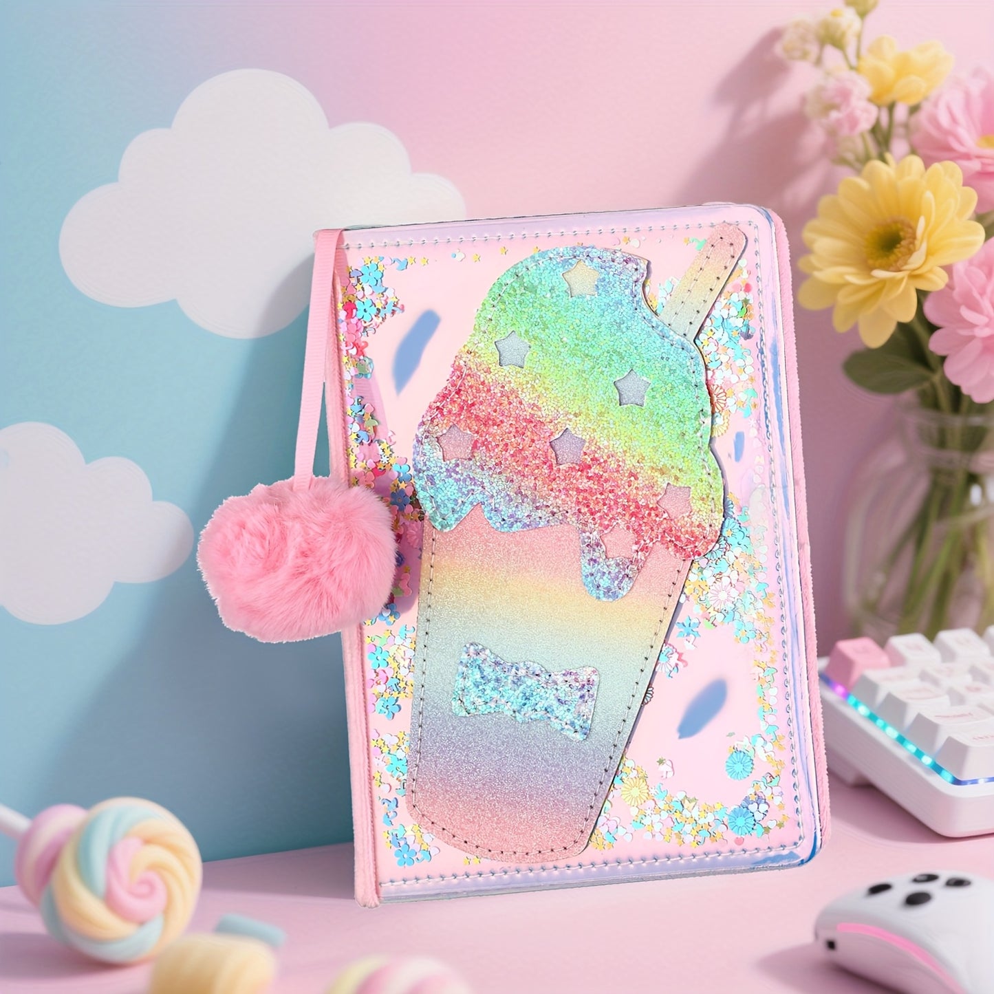 Sparkling Pink Lollipop Notebook for Girls - Glittery Candy Diary with Plush Pom-Pom
