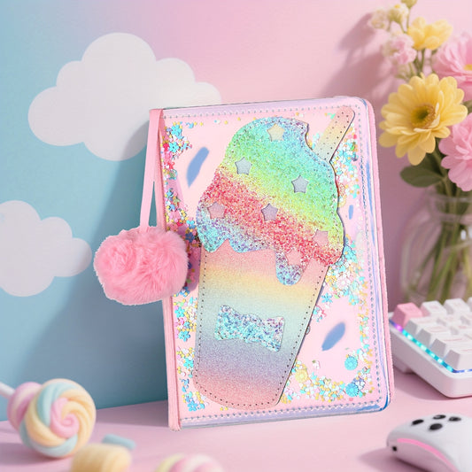 Sparkling Pink Lollipop Notebook for Girls - Glittery Candy Diary with Plush Pom-Pom