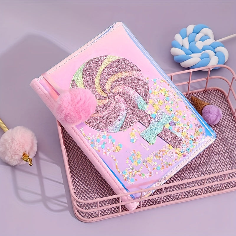 Sparkling Pink Lollipop Notebook for Girls - Glittery Candy Diary with Plush Pom-Pom