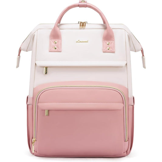LOVEVOOK Leather Backpack for Women 15.6 Inch Laptop Bag Professional Work Tote for Nurse College Teacher Computer Travel Purse Beige WhitePink