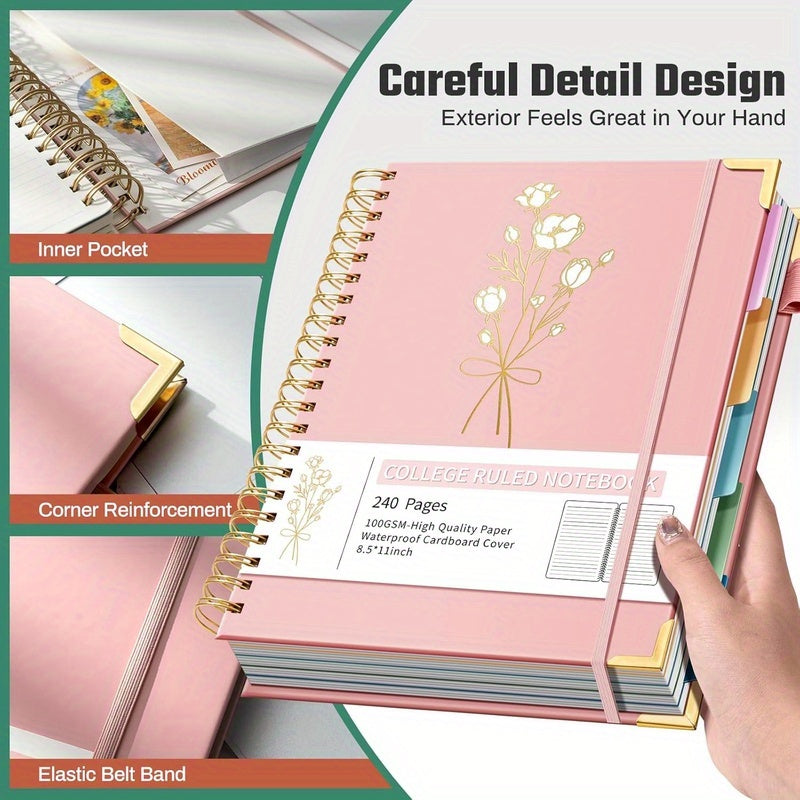 Pink Floral Hardcover Spiral Notebook - 240 Pages