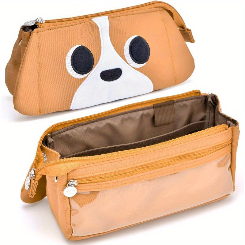 Hongdian Extra Large Capacity Pencil Case with Tan 3D Dog Face - Holds 70 Pens